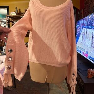 Mono B Light Pink Knit Sweater with Grommet Lace-Up Sleeves